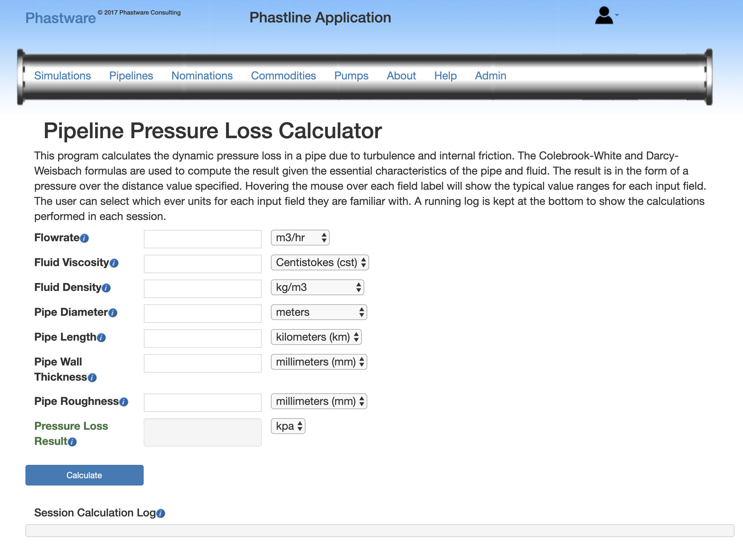 Phastware Pipeline Pressure Loss Calculator